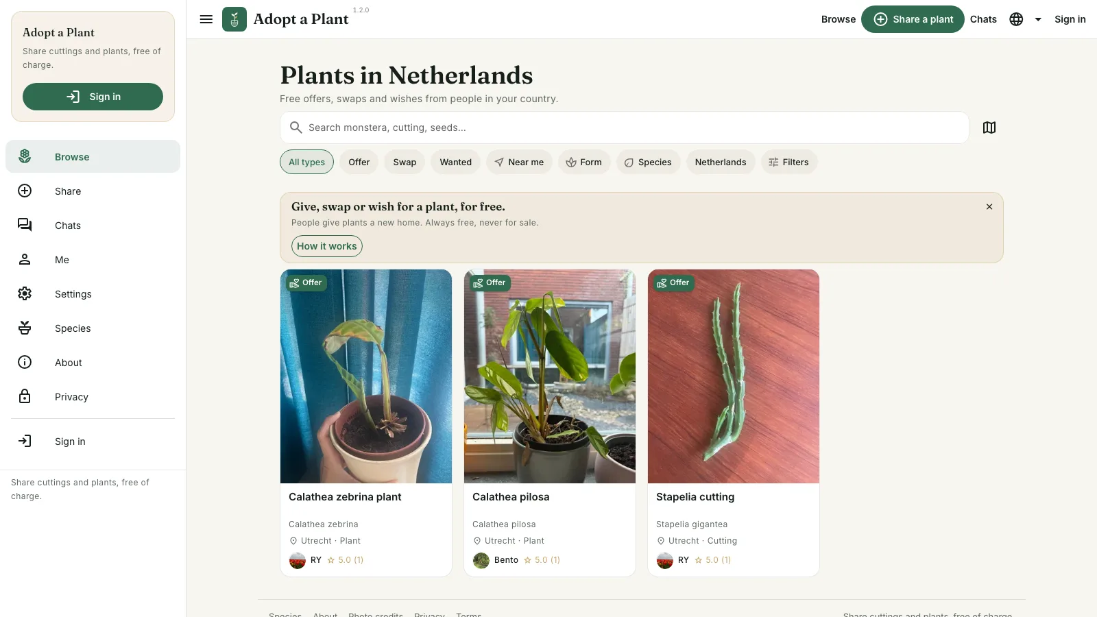 Plant sharing community for cuttings and houseplants